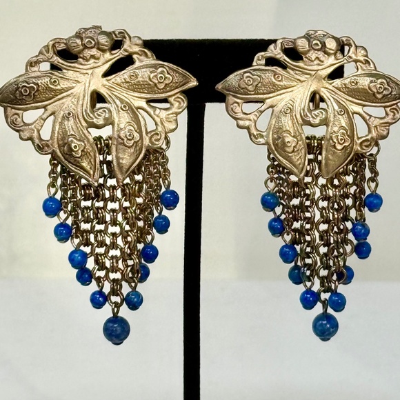 Stephen Dweck sterling silver dangle earrings with lapis lazuli clip long dangle - Picture 2 of 10